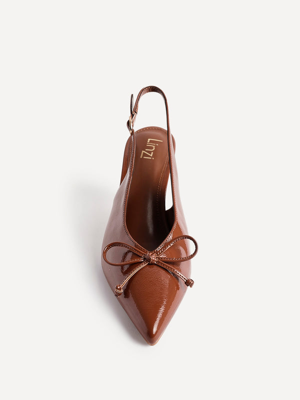 Linzi Caramel Faux Leather Slingback Court Heel With Front Bow Detail