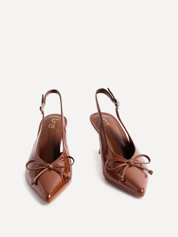 Linzi Caramel Faux Leather Slingback Court Heel With Front Bow Detail