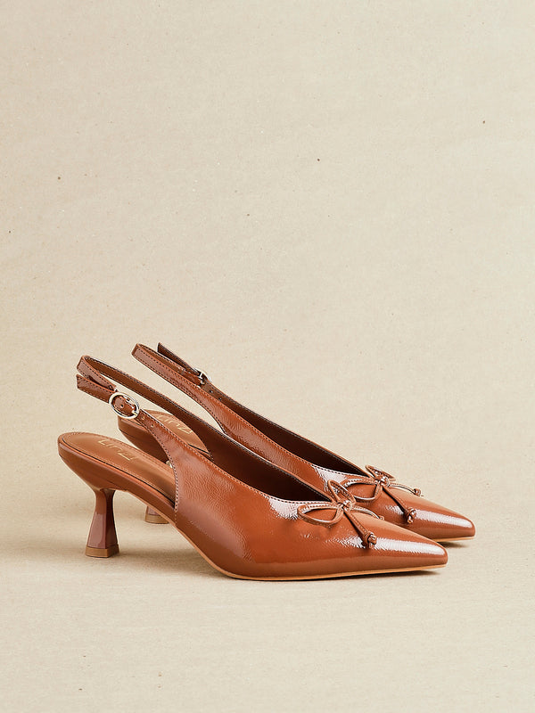 linzi Caramel Faux Leather Slingback Court Heel With Front Bow Detail