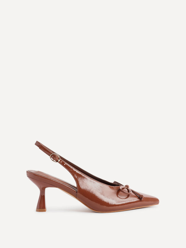 Linzi Caramel Faux Leather Slingback Court Heel With Front Bow Detail