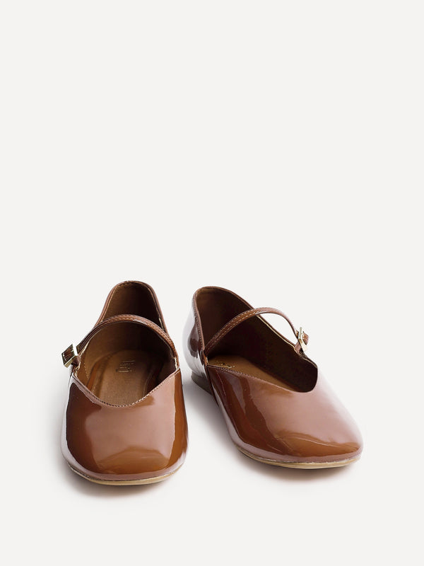 Linzi Caramel Faux Patent Leather Mary Jane Style Flats