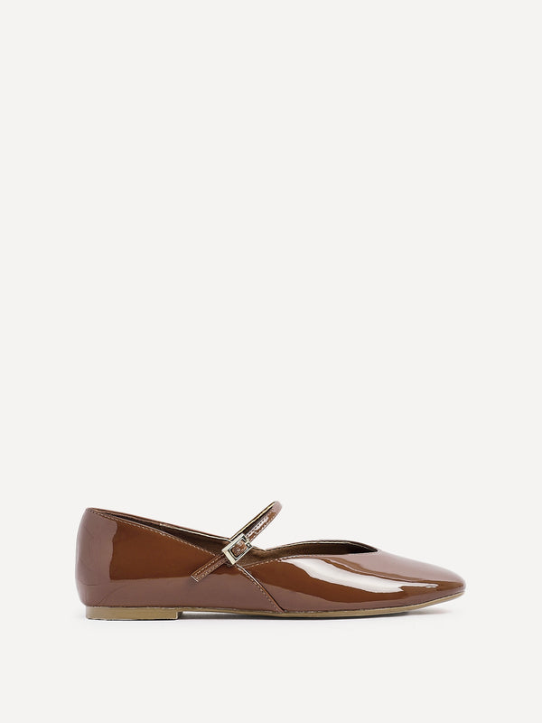 Linzi Caramel Faux Patent Leather Mary Jane Style Flats