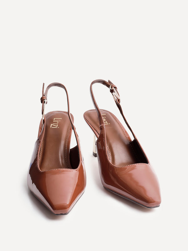 Linzi Caramel Patent Court Heel With Gold Heel Detail
