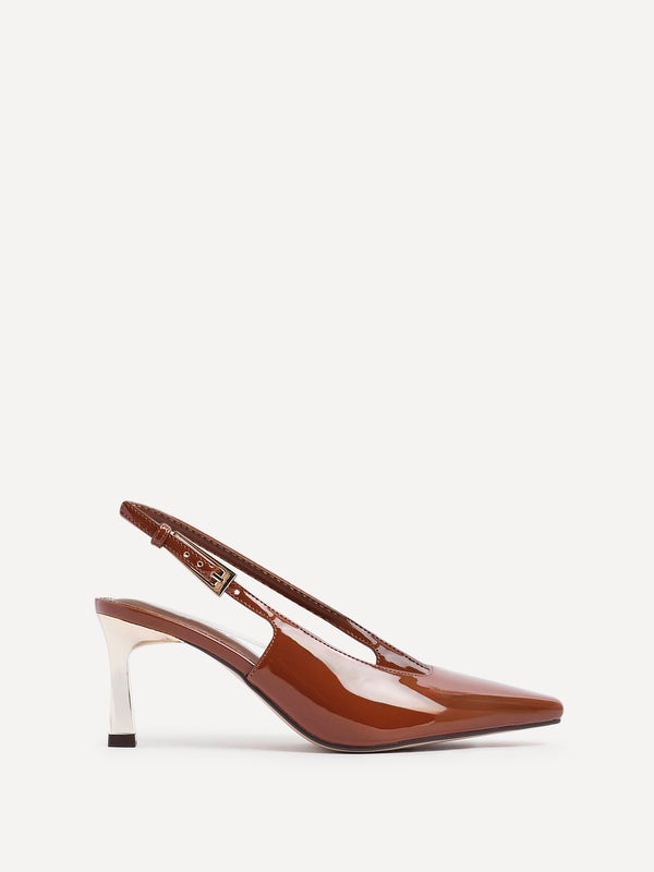 Linzi Caramel Patent Court Heel With Gold Heel Detail