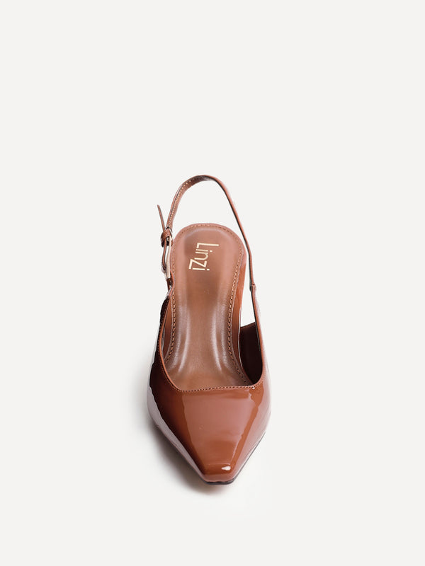Linzi Caramel Patent Court Heel With Gold Heel Detail