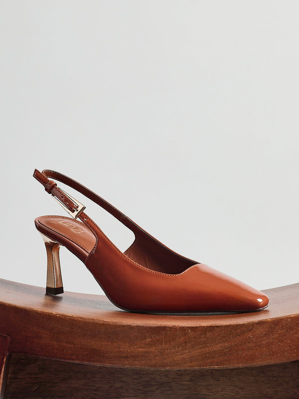 linzi Caramel Patent Court Heel With Gold Heel Detail