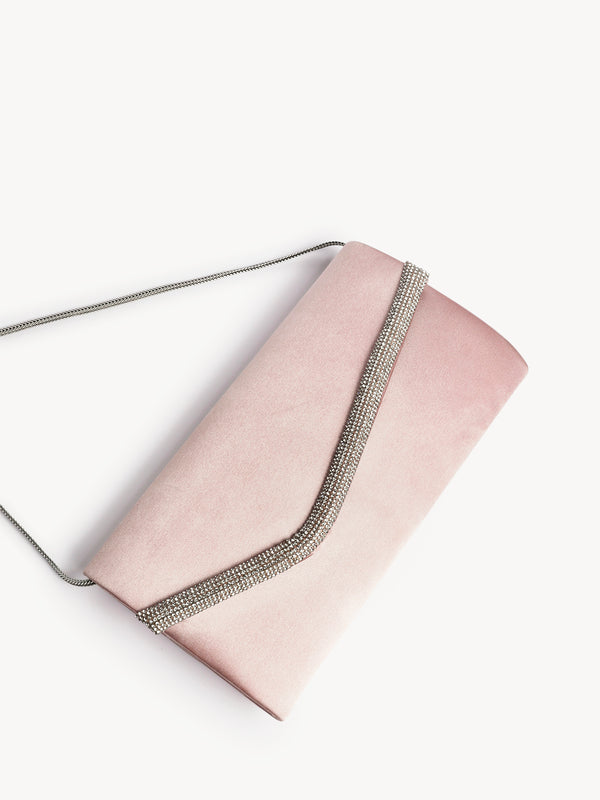 Linzi Champagne Satin Evening Envelope Clutch Bag With Diamante Tubing Trim