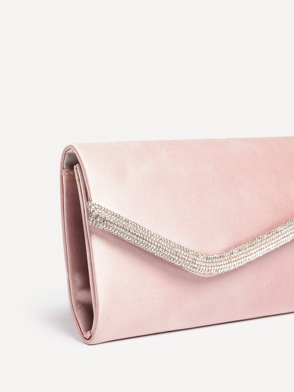Linzi Champagne Satin Evening Envelope Clutch Bag With Diamante Tubing Trim