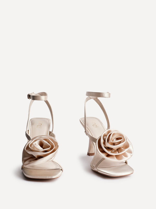 Linzi Champagne Satin Stiletto Heeled Sandals With Flower Detail