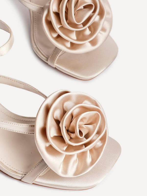 Linzi Champagne Satin Stiletto Heeled Sandals With Flower Detail