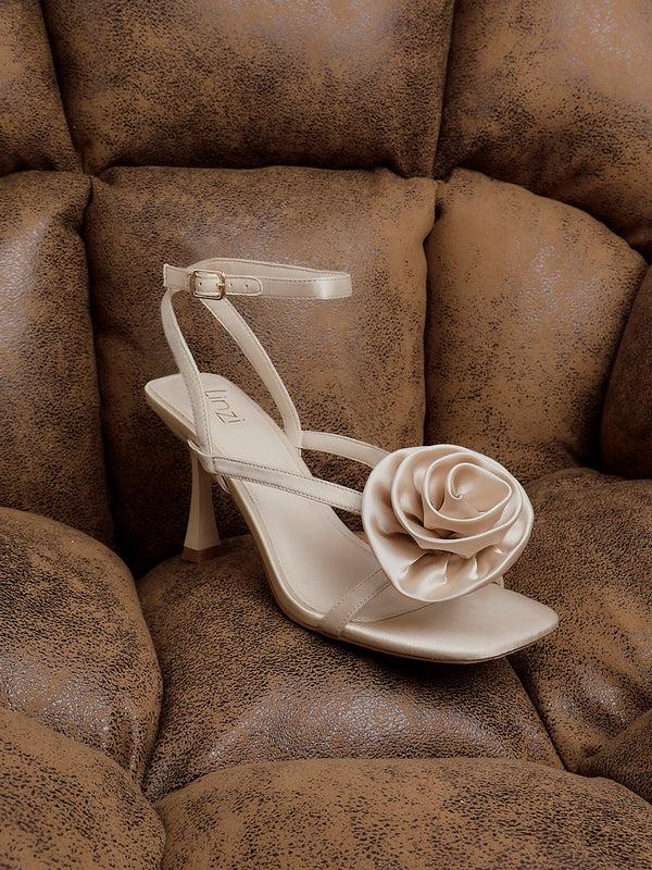 linzi Champagne Satin Stiletto Heeled Sandals With Flower Detail