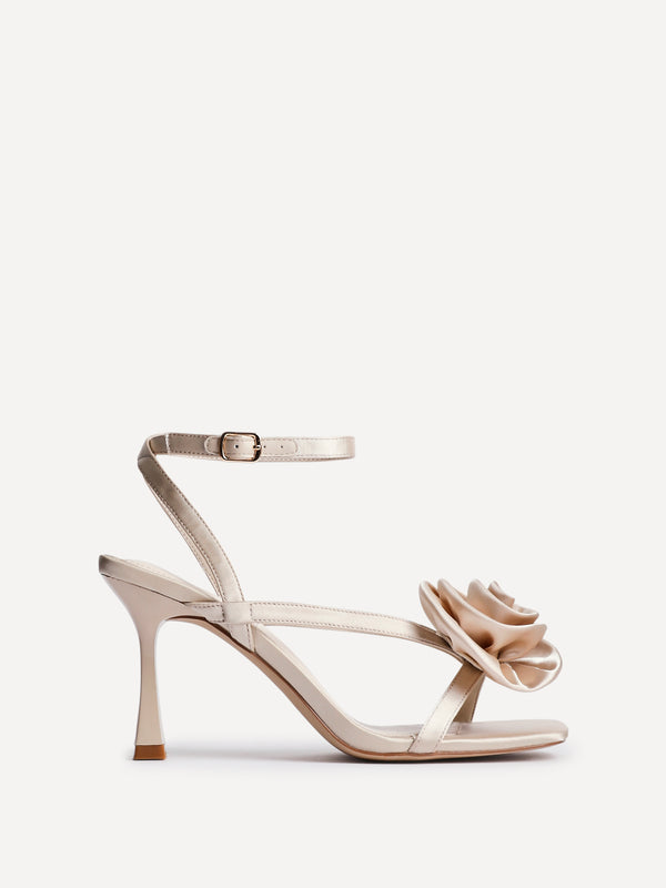 Linzi Champagne Satin Stiletto Heeled Sandals With Flower Detail