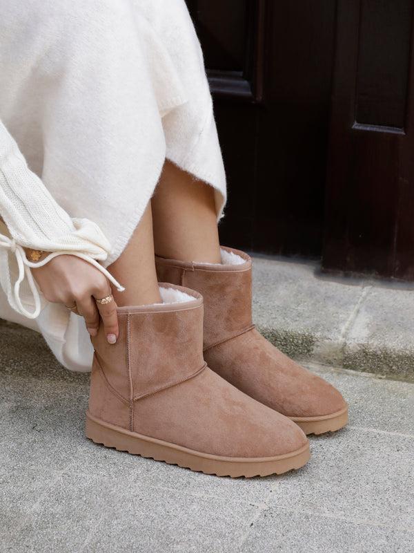 linzi Chestnut Faux Suede Beige Faux Fur Lined Ankle Boot
