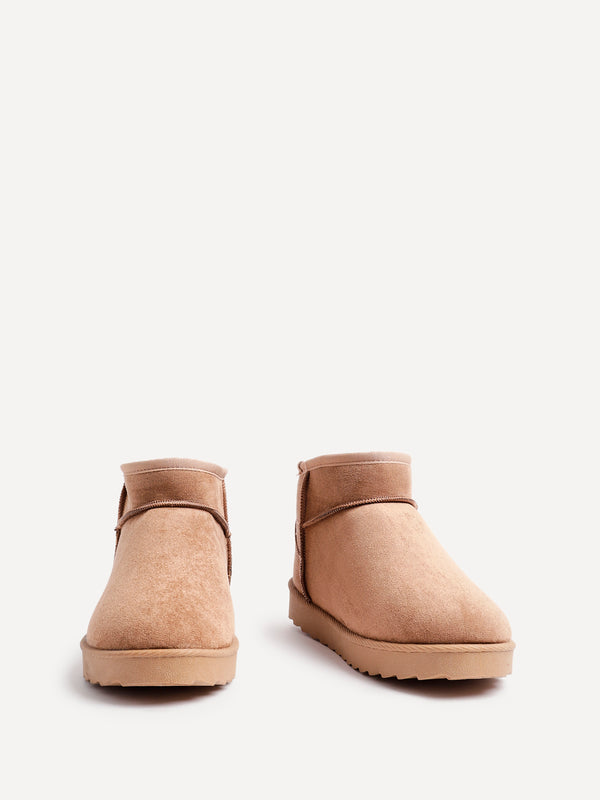 Linzi Chestnut Faux Suede Cream Faux Fur Lined Ultra Mini Ankle Boot