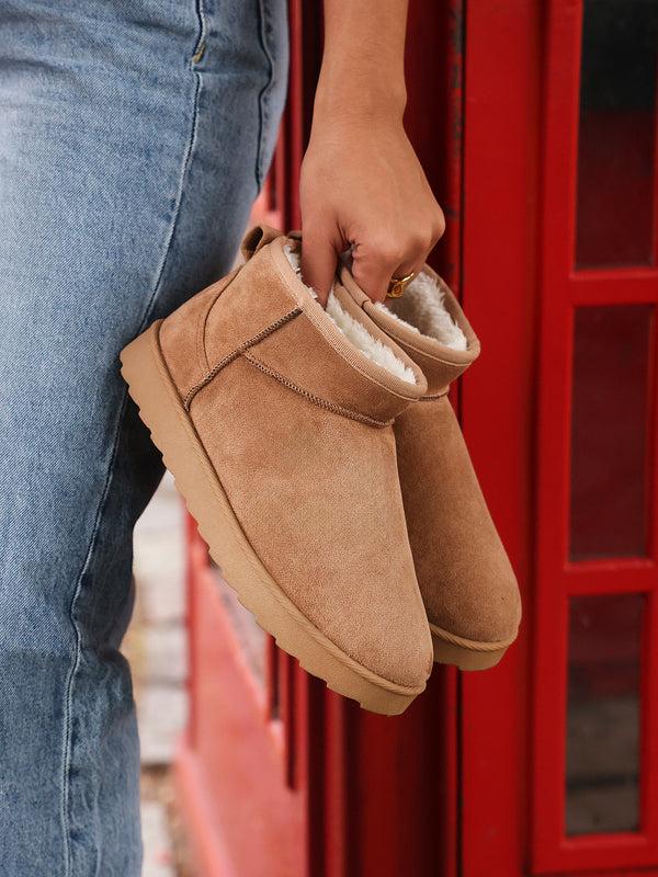 linzi Chestnut Faux Suede Cream Faux Fur Lined Ultra Mini Ankle Boot