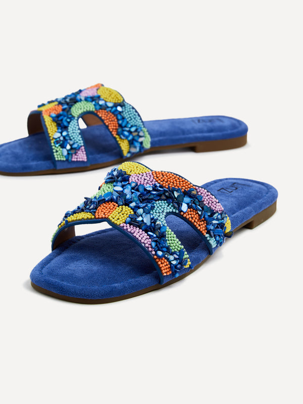 Linzi Cobalt Blue Faux Suede Embellished Slider Sandal