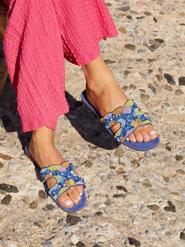 linzi Cobalt Blue Faux Suede Embellished Slider Sandal
