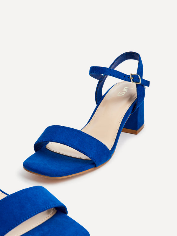 Linzi Cobalt Blue Faux Suede Low Chunky Block Heeled Sandal