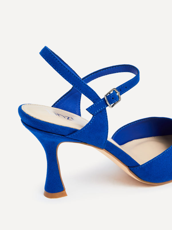 Linzi Cobalt Blue Faux Suede Open Back Stiletto Court Heel