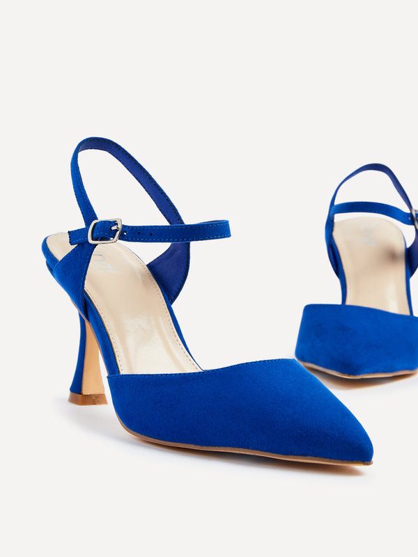 Linzi Cobalt Blue Faux Suede Open Back Stiletto Court Heel