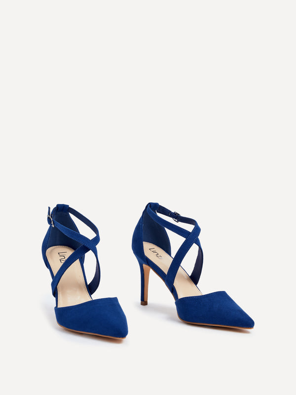 Linzi Cobalt Blue Faux Suede Stiletto Court Heel With Crossover Front Strap