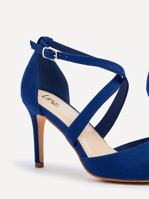 Linzi Cobalt Blue Faux Suede Stiletto Court Heel With Crossover Front Strap