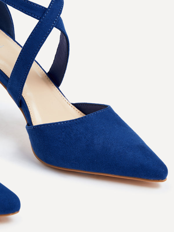 Linzi Cobalt Blue Faux Suede Stiletto Court Heel With Crossover Front Strap