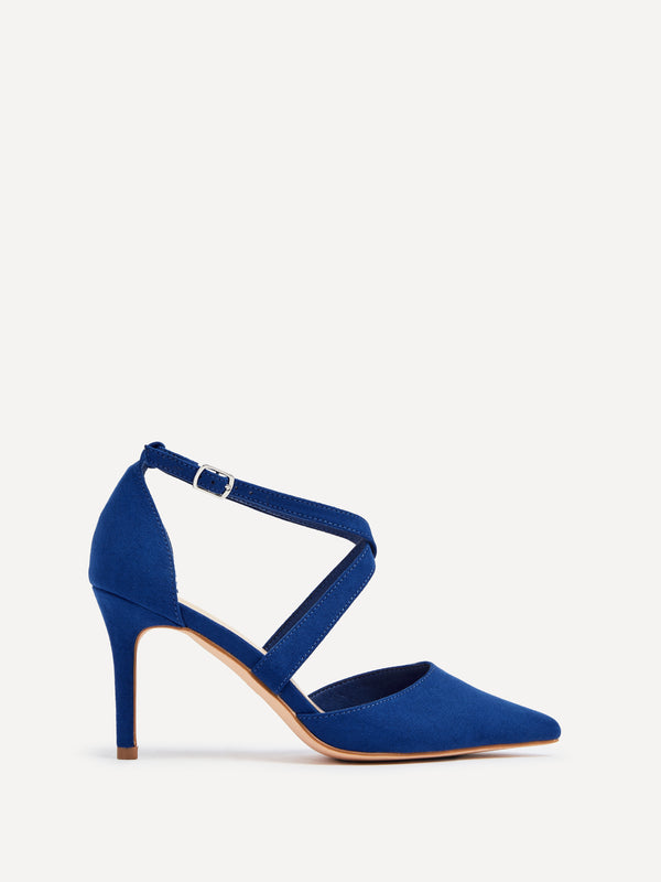 linzi Cobalt Blue Faux Suede Stiletto Court Heel With Crossover Front Strap