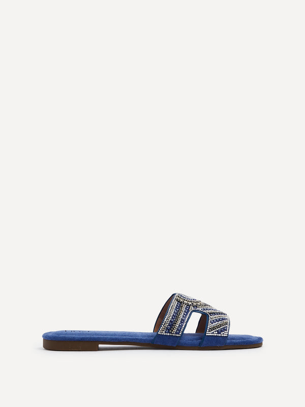 Linzi Cobalt Blue Suede Aztec Design Embellished Slider Sandal