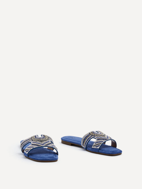 Linzi Cobalt Blue Suede Aztec Design Embellished Slider Sandal