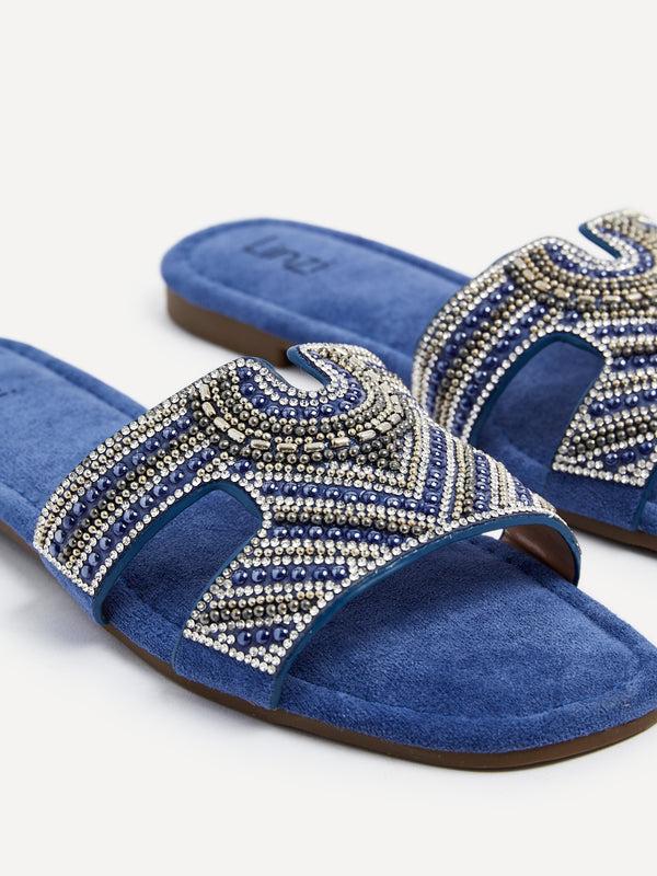 Linzi Cobalt Blue Suede Aztec Design Embellished Slider Sandal