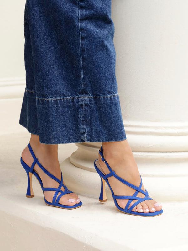 linzi Cobalt Blue Suede Square Toe High Heel With Crossover straps