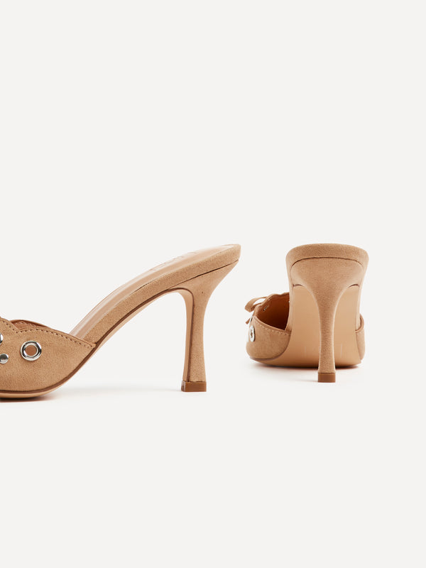Linzi Dark Nude Faux Suede Pointed Mule With Bow Detail