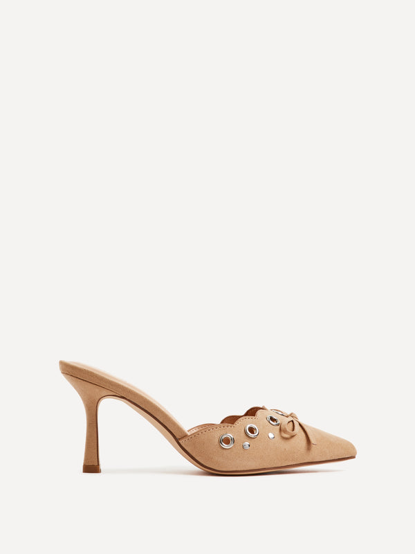 linzi Dark Nude Faux Suede Pointed Mule With Bow Detail