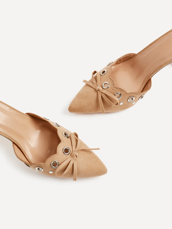 Linzi Dark Nude Faux Suede Pointed Mule With Bow Detail