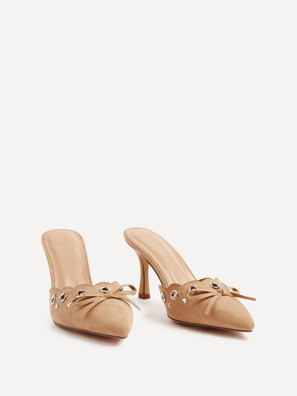 Linzi Dark Nude Faux Suede Pointed Mule With Bow Detail