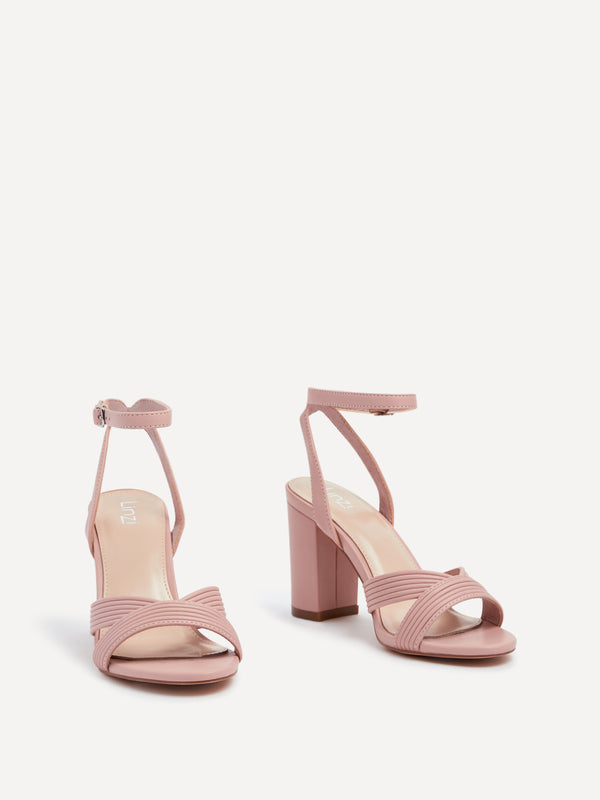 Linzi Dusky Pink Faux Leather Block Heeled Sandal With Ribbed Design Front Strap