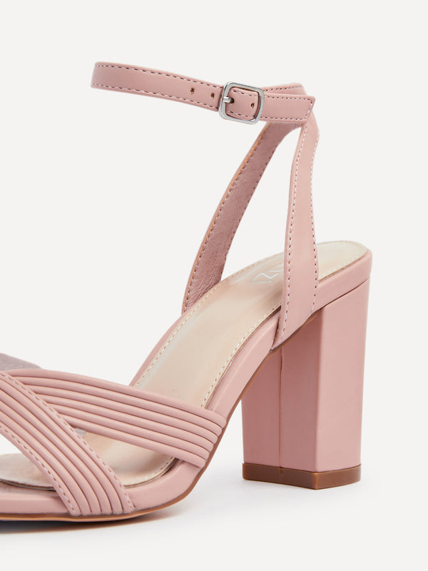 Linzi Dusky Pink Faux Leather Block Heeled Sandal With Ribbed Design Front Strap