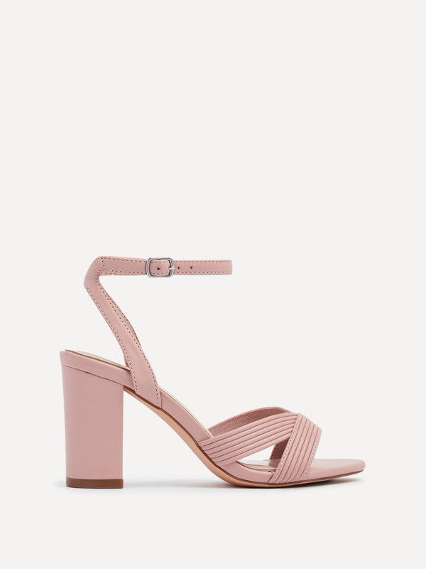 linzi Dusky Pink Faux Leather Block Heeled Sandal With Ribbed Design Front Strap
