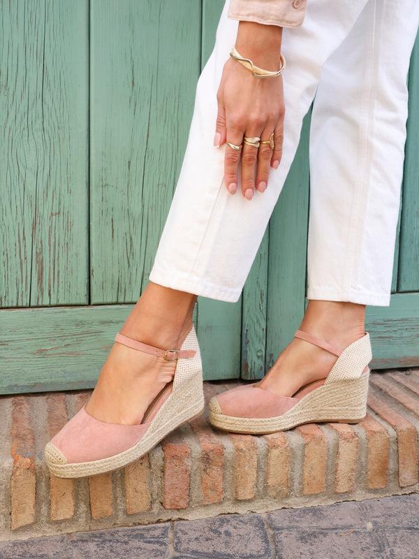 linzi Dusky Pink Faux Suede Closed-Toe And Open Back Espadrille Wedge