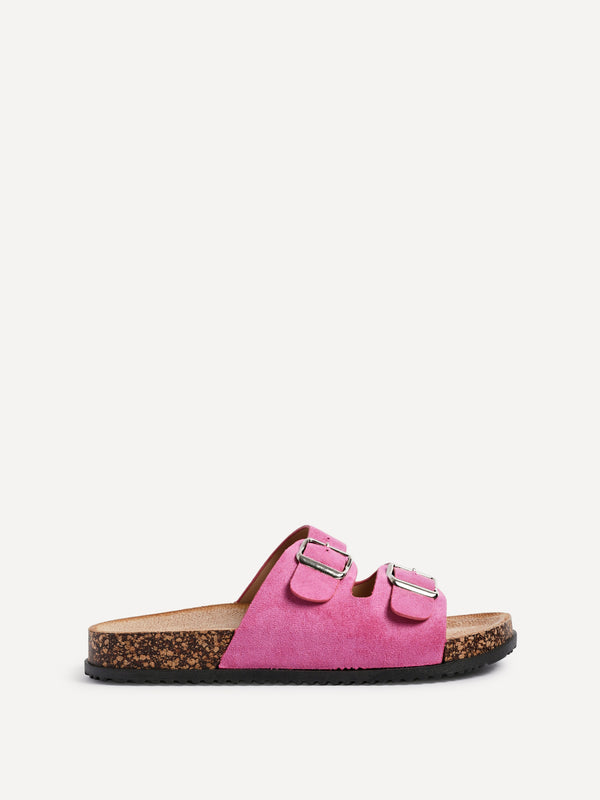 Linzi Fuchsia Faux Suede Double Buckle Footbed Sandal