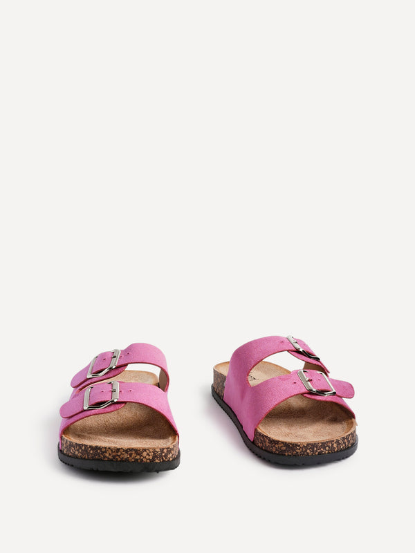 Linzi Fuchsia Faux Suede Double Buckle Footbed Sandal