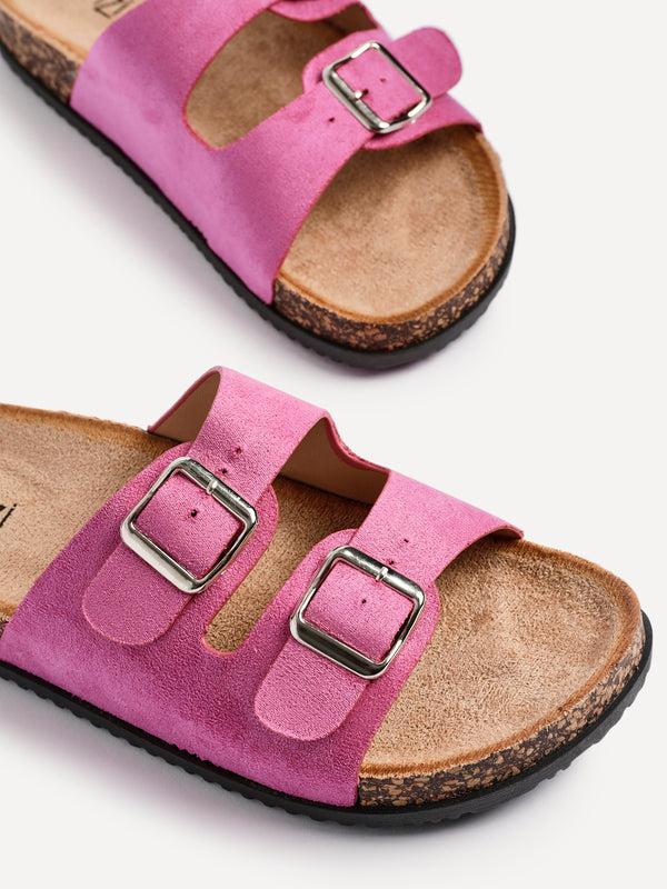 Linzi Fuchsia Faux Suede Double Buckle Footbed Sandal