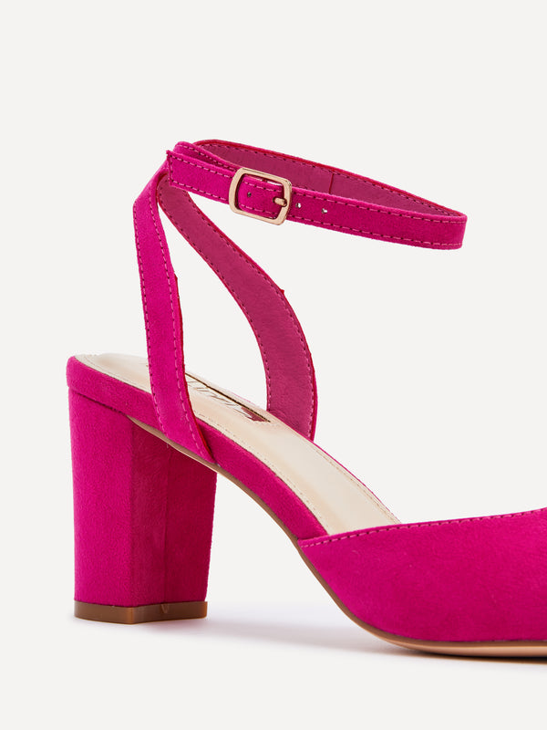 Linzi Fuchsia Faux Suede Mid Height Court Shoe With Sandal Back