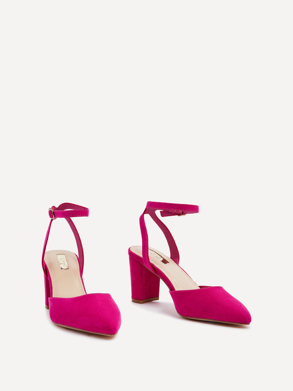 Linzi Fuchsia Faux Suede Mid Height Court Shoe With Sandal Back