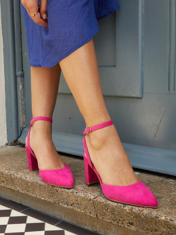 linzi Fuchsia Faux Suede Mid Height Court Shoe With Sandal Back