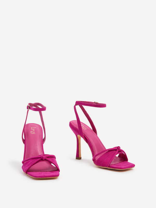 Linzi Fuchsia Faux Suede Square Toe Heeled Sandal With Knotted Front Detail