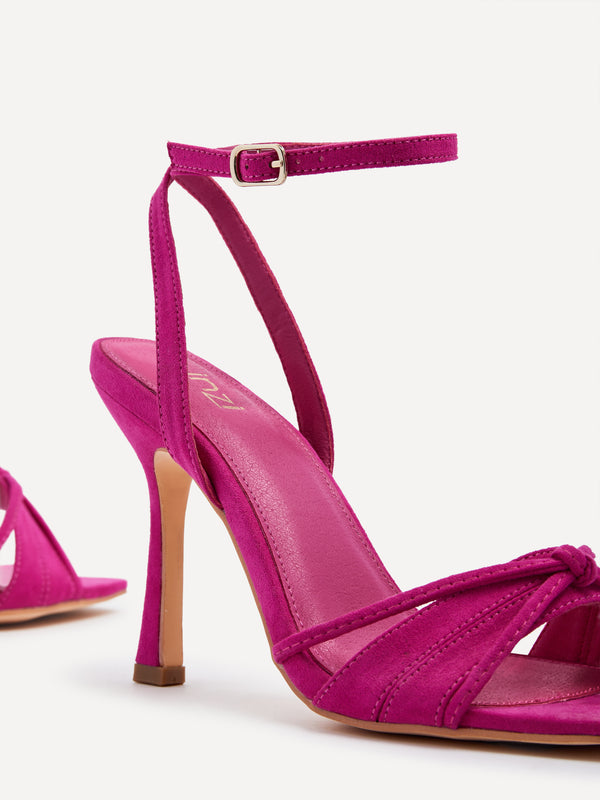 Linzi Fuchsia Faux Suede Square Toe Heeled Sandal With Knotted Front Detail