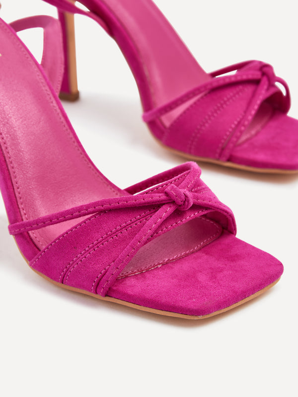 Linzi Fuchsia Faux Suede Square Toe Heeled Sandal With Knotted Front Detail