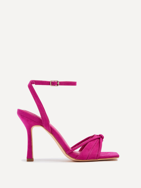 linzi Fuchsia Faux Suede Square Toe Heeled Sandal With Knotted Front Detail